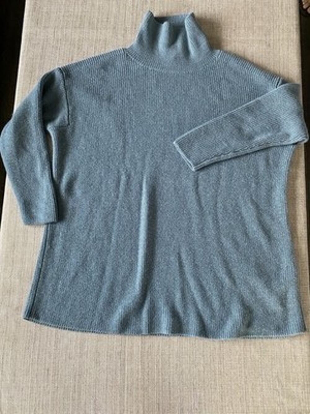 EILEEN FISHER 100% Extra Fine Merino Wool Ribbed Turtleneck Sweater M Slate Blue